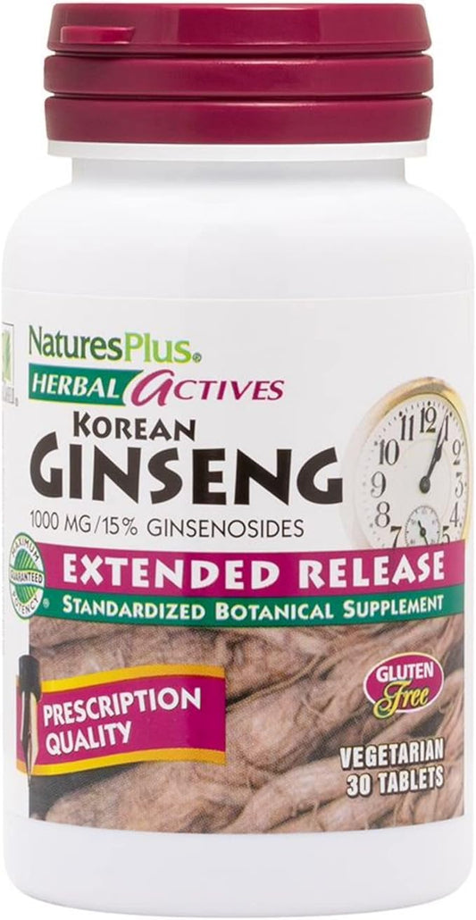 NaturesPlus Herbal Actives Korean Ginseng, Extended Release 1000 mg, 30 Vegan 30 Servings
