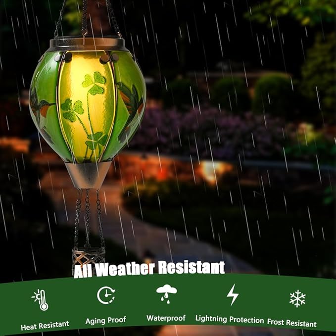 St Patricks Hot Air Balloon Solar Lantern - Simulated Flickering Flame Patrick's Shamrock Glass Lantern, Outdoor Hummingbird Hanging Yard Light for St Patty's Day Patio Porch Decor Clover Gfit