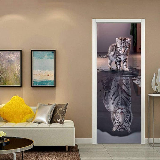 3D Peel and Stick Wall Murals - Cat Becomes Tiger - Self-Adhesive Removable PVC Waterproof Door Poster for Bedroom & Living Room - 34.6" x 78.7"