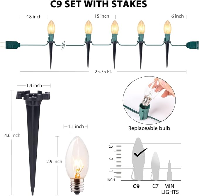 C9 Christmas Lights Outdoor, 4 Packs Total 102.8 Ft 80 Bulbs Christmas Pathway Lights, Waterproof Walkway Lights for Outside Driveway Sidewalk Outdoor Christmas Decorations Yard, Clear