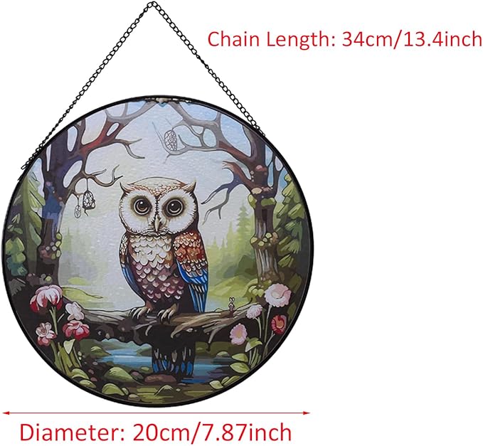 Hanging Stained Glass for Windows,20cm/7.87inch Owl Suncatcher Stained Glass Garden Hangings Ornaments Mother's Day Valentine's Day Halloween Fall Christmas Decor for Home (A Style)