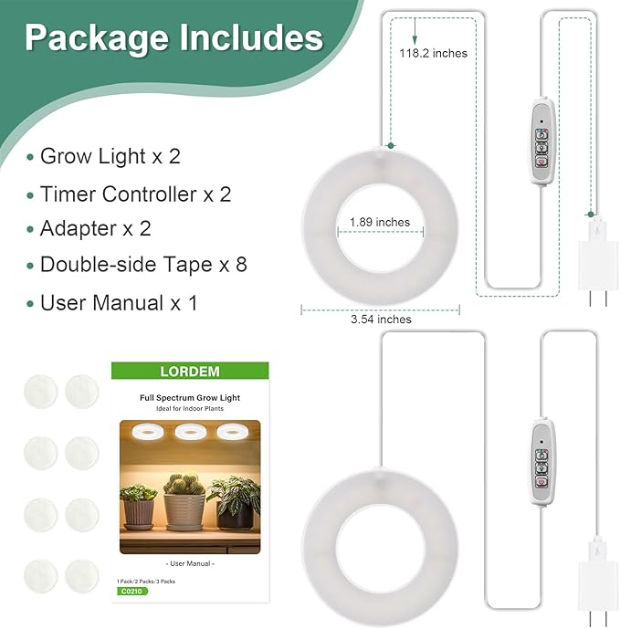 LORDEM Grow Light for Indoor Plants, 48 LEDs Ceiling Full Spectrum Plant Light, 5V Corded Growing Lamp with 4/8/12H Auto Switch, 4 Dimmable Brightness Levels, Single-Head, 2 Pack