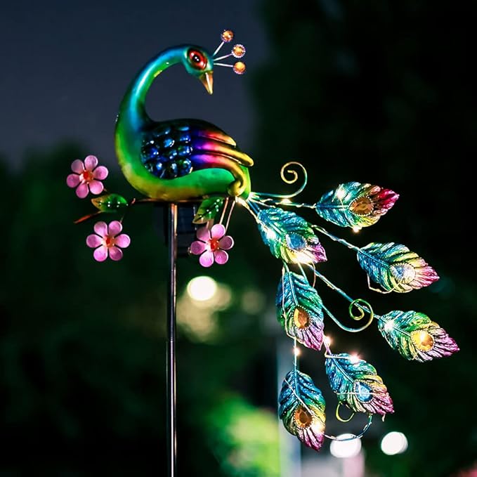 VEWOGARDEN Peacock Solar Lights Outdoor Metal Solar Garden Lights Solar Pathway Lights Outdoor Waterproof LED for Patio Lawn Yard Decorations