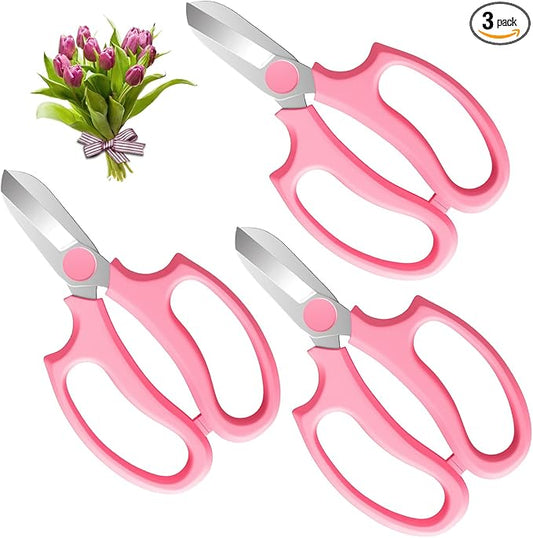 Flower Scissors, Strong Floral Shears,3PCS Premium Steel Garden Pruning Shears Floral Fruits Leaf Scissors Hand Pruner Snip Trimming Tool for Gardening Flower Arrangement, Pink