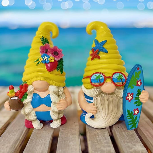 Spring & Summer-Themed Garden Statues – Adorable Outdoor Decor for Lawn, Patio & Porch (Tropical Beach Gnome Duo Figurine Set, Cute 6" Summer Decoration Garden Statue)