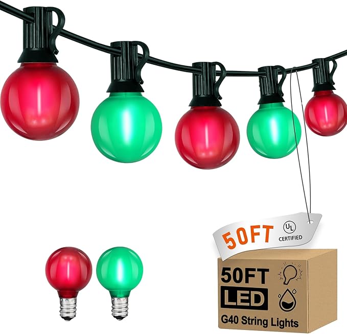 G40 LED Outdoor Christmas String Lights 50FT Hanging Globe String Lights with 27 LED Shatterproof Frosted Red Green Lights(2 Spare), Waterproof Patio String Lights for Balcony Backyard Pergola Decor