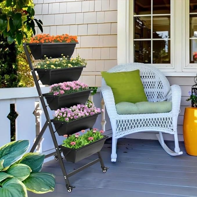 Indoor Outdoor Vertical Garden Planter, 5-Tier Planting Pot, Elevated Garden Planting Bed for Flowers Vegetable Plants, Garden Balcony Lawn, Black