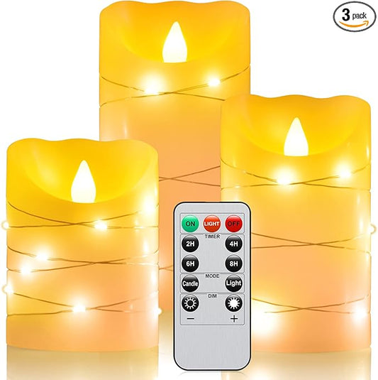 Flameless Flickering Candle, Pillar Candle,with Embedded String Lights,3 Pack LED Romantic Candle with Remote Control, Battery Operated Real Wax, Ideal for Wedding, Home decorand Holiday (Ivory)