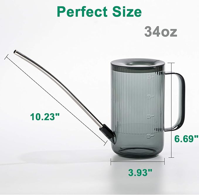 Long Spout Watering Can Indoor, Small Watering Cans for House Plants, Flowers, Succulents, 34oz (Grey)
