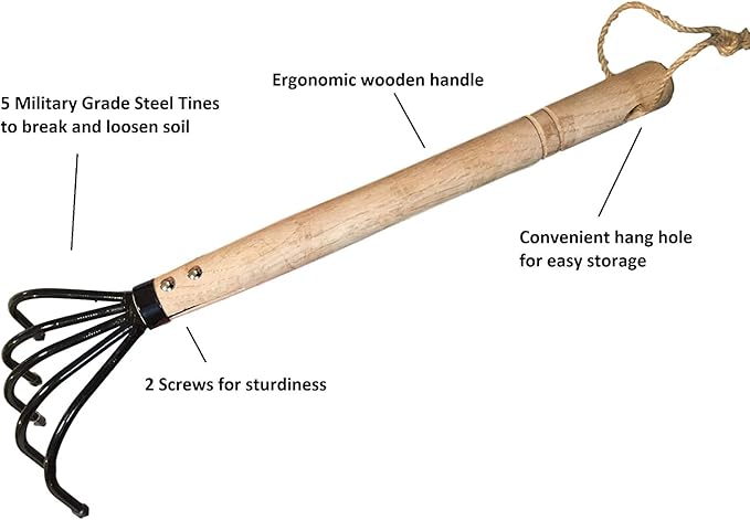 Garden Guru Hand Rake Cultivator Claw Soil Tiller - Military Grade Steel - Rust Resistant - 5 Tine Japanese Ninja Claw - Comfortable Wood Handle - Perfect Pulverized and Aerated Soil (4 Pack)