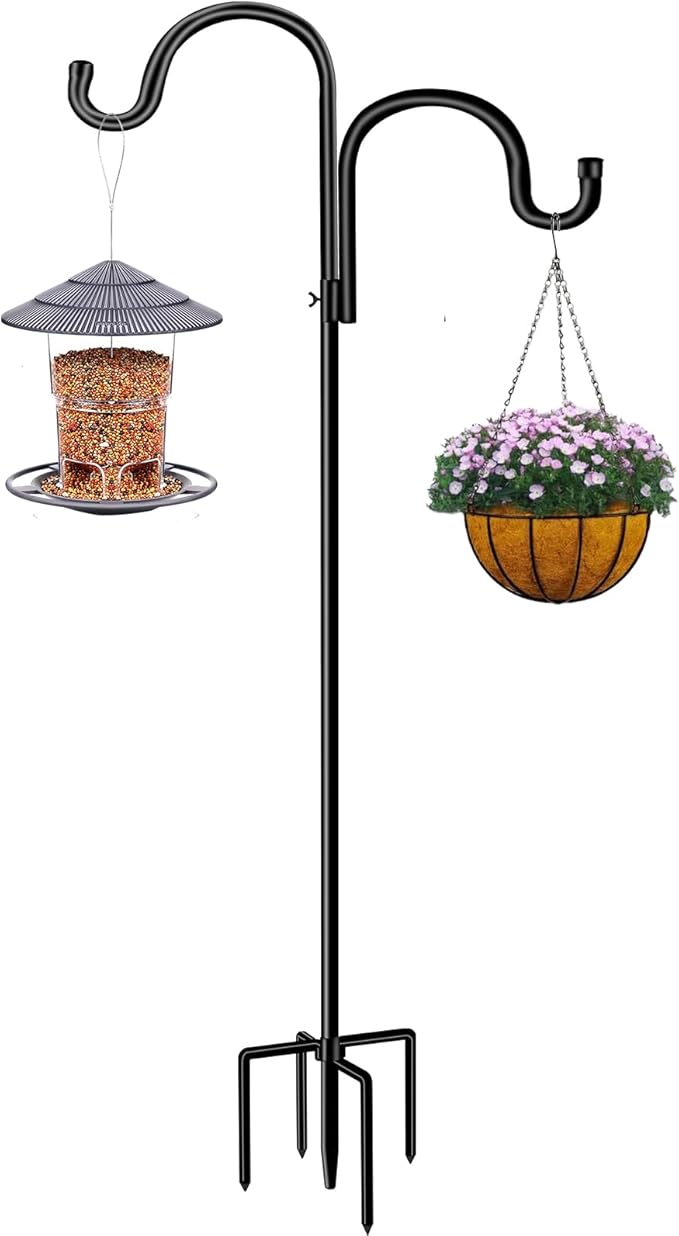 Double Shepherds Hook for Outdoor,62 Inch Bird Feeder Pole with 5 Prongs Base,Adjustable Heavy Duty Garden Hanging Holder for Hanging Plant,Solar Light,Weddings Decor,Hummingbird Feeder(1 Pack)