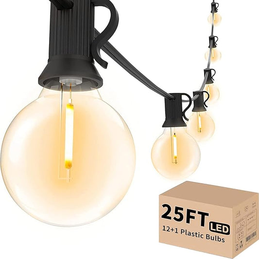 Svater Outdoor String Lights LED 25 FT, Patio Globe Lights with 13 Plastic G40 Bulbs, Waterproof Dimmable Outside Hanging Light for Backyard Bistro Cafe Porch Party Decor, 2700K Warm White