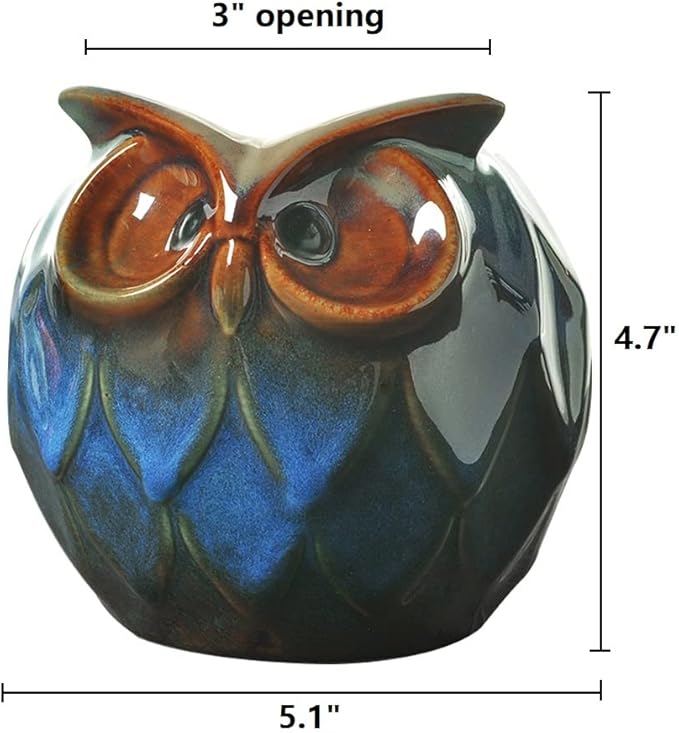 GeLive Blue Owl Ceramic Succulent Planter with Drainage Hole Animal Plant Pot Tabletop Decoration Vase Window Box Indoor Outdoor Decor (Blue)