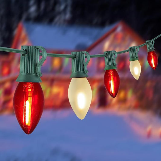 C7 LED Christmas String Lights, 25Ft Clear Red/ Frosted White Christmas String Lights with 27 LED Edison Bulbs, Connectable Vintage Christmas Lights for Outdoor Christmas Garden Wedding Party Decor