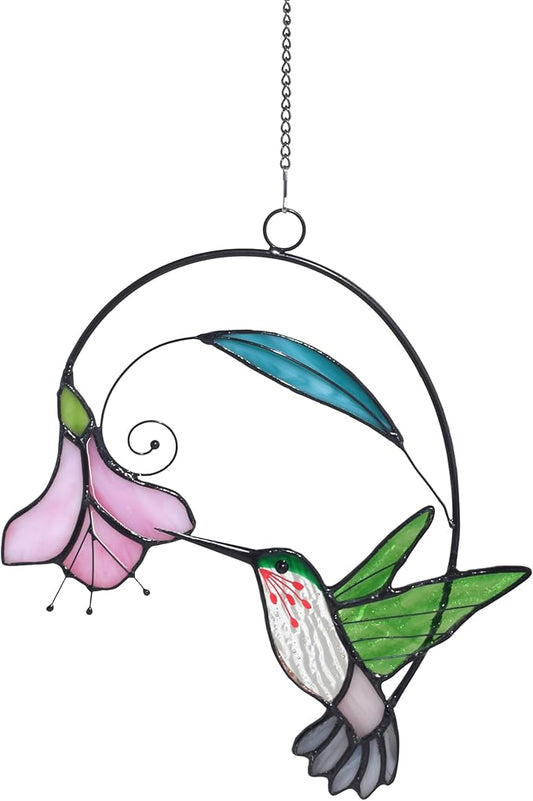 Lolitarcrafts Stained Glass Hummingbird Window Hangings with Flowers, Bird Stained Glass Suncatcher for Window Decor Hummingbird Gifts for Mom,Bird Lovers (Green with Flower A)