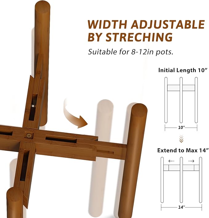 Adjustable Plant Stand Indoor, Bamboo Plant Holder 8 to 12 Inches, Small Tall Planter Stand for Indoor Plants, Single Floor Plant Stand for Living Room Balcony Bedroom, Light Brown