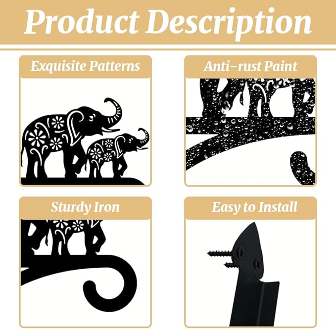 peacoblue Iron Plant Hangers Holder for Outdoor Indoor Hanging Plants Flower Fern Pots Lantern Bird Feeder Wind Chimes, 12”x14” Weather Resistant Metal Wall Hooks for Porch Garden Farmhouse(Elephant)