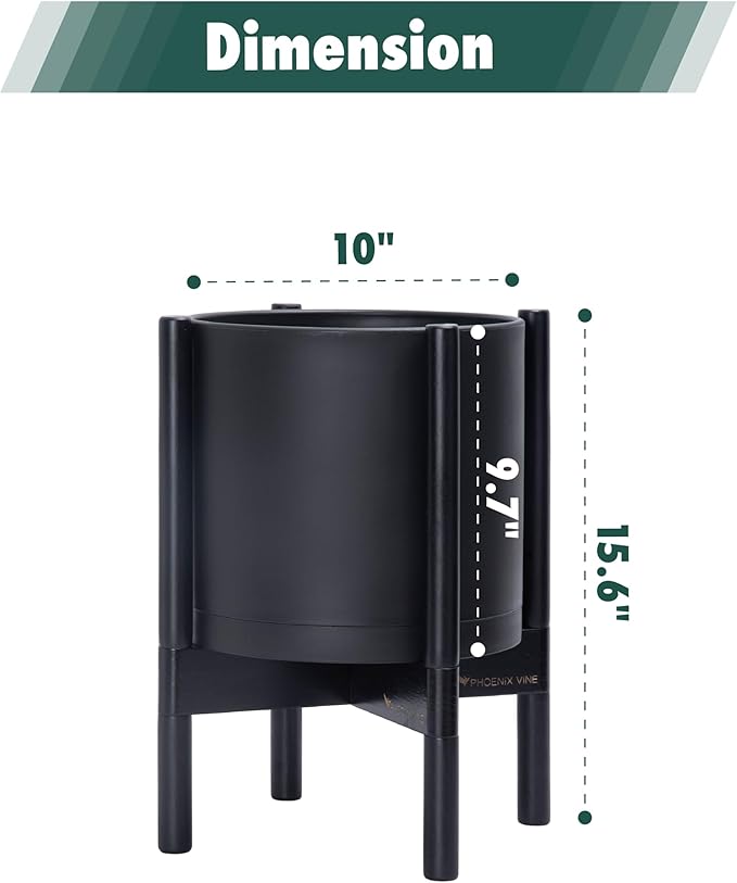 D'vine Dev Planter Pot with Stand - 10 Inch Plastic Cylinder Flower Pot with Wood Planter Holder for Indoor, Matte Black Pot + Ebony Stand, 55-C-N-2