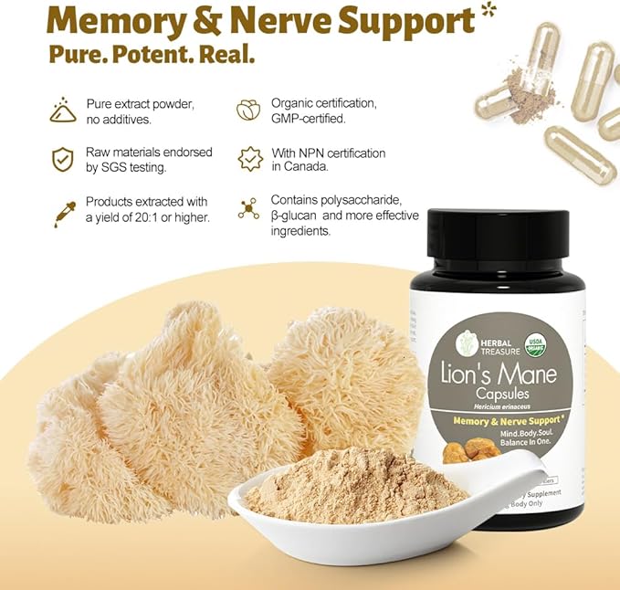 Herbal Treasure Lions Mane Supplement Capsules, 800mg Lions 90 Caps
