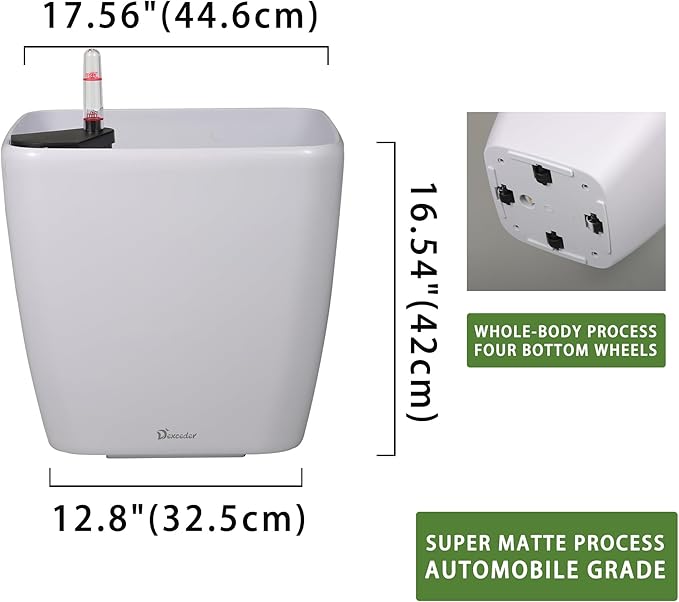 Dexceder 18x17 Self Watering Planter with Wheels Indoor Outdoor, Inner Mat Design, Thickened Large Floor Standing Flower Plant Pot with Water Level Indicator (White Matte)