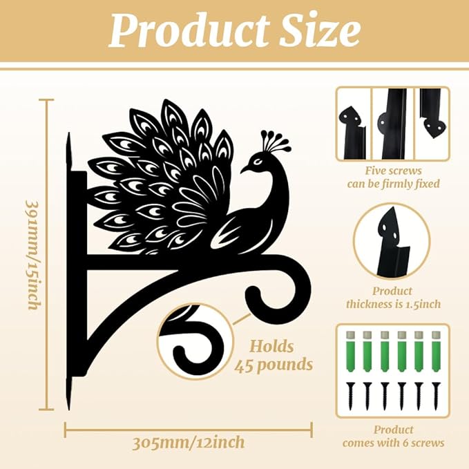 peacoblue Iron Plant Hangers Hooks for Outdoor Indoor Hanging Plants Flower Fern Pots Lantern Bird Feeder Wind Chime,12"x15.5" Weather Resistant Metal Wall Holder for Porch Garden Farmhouse(Peacock)