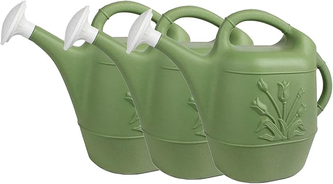 PMU 2 Gallon Watering Can - Garden Watering Can for Indoor & Outdoor Plants - Plastic Water Can with Detachable Sprinkler Head - Large Water Pot, Made in USA - Sage Green Pkg/3