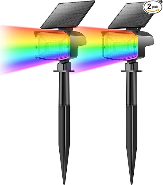 Solar Lights Outdoor Color Changing, 85 LEDs 9 Lighting Modes RGB Solar Outdoor Lights, IP67 Waterproof Multicolor Landscape Spotlights for Halloween Holiday Decorations (2 Pack)