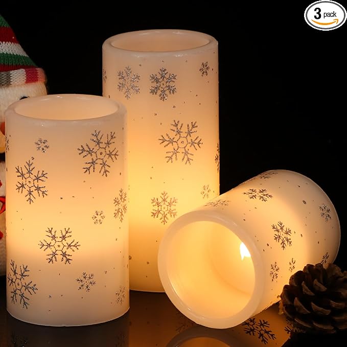 KunSween Christmas Flameless Candles with Timer, 3 Pack LED Pillar Candles with Silver Snowflake Decals and Real Wax, Christmas Winter Decorations for Home Indoor Table Centerpieces