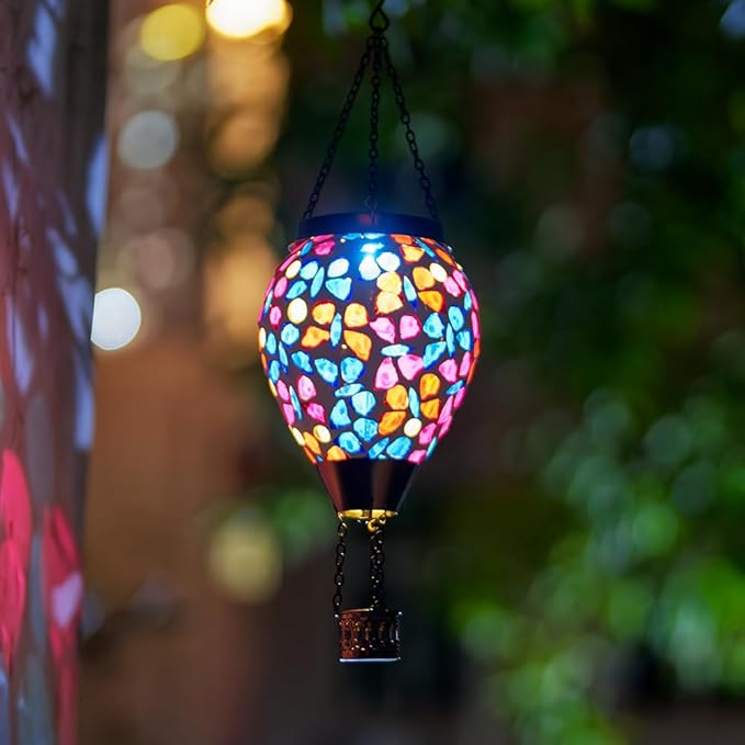 DREAMSOUL Butterfly Mosaic Hot Air Balloon Solar Lantern Hanging Glass Decorative LED Light Solar Lanterns Outdoor Waterproof
