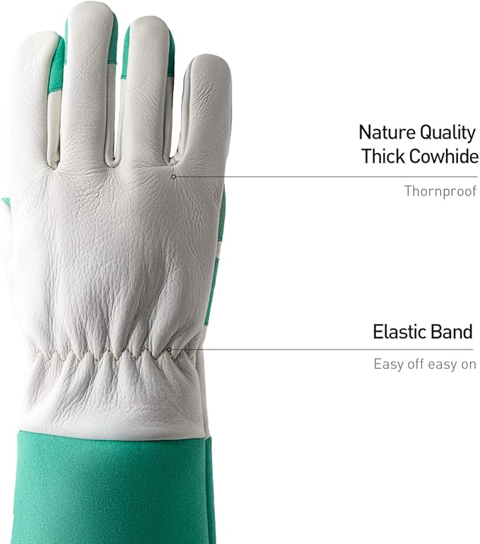 HANDLANDY Long Gardening Gloves for Men & Women, Thorn Proof Rose Pruning Gloves Leather Gauntlets Garden Glove Yard Work Glove (Small, Green)