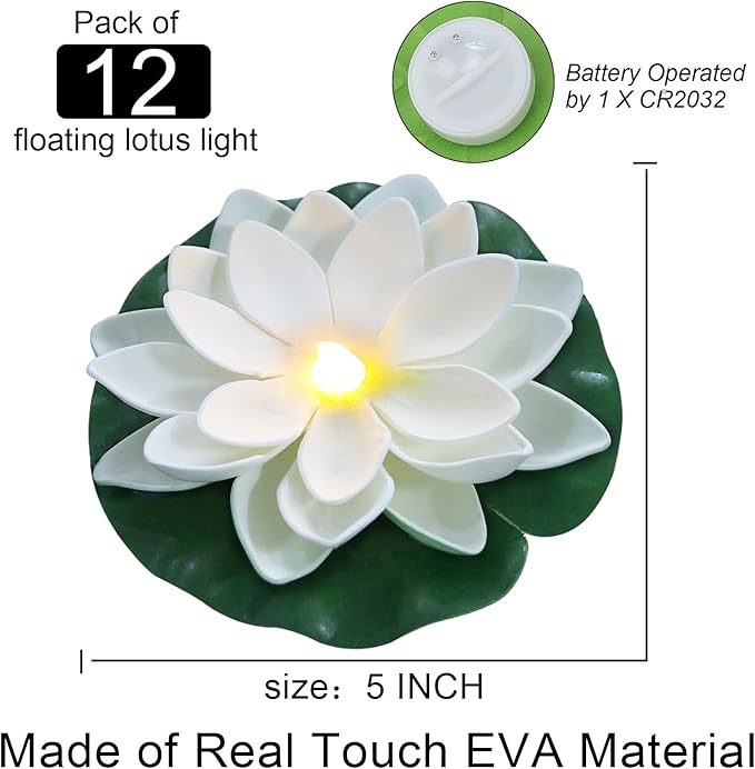 12 PCS Waterproof Floating Lotus Light - Floating Flower Light Battery Operated Water Activated Warm White Pool Flower Lamp Wedding,Anniversary,Garden Decoration