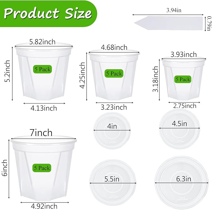 40Pack Clear Nursery Pots with Trays,4/5/6/7 inchTransparent Plastic Plant Pots with Drainage Hole for House Plants, Herb, Flower, Succulent and Outdoor Clearance,100 pcs Plant Labels,5-Set