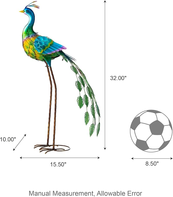 Glitzhome Metal Standing Peacock Garden Statue with Stakes Outdoor Decoration, 32" H