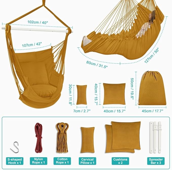 Outerman Hammock Chair, Hanging Chair with 3 Cushions and Foot Rest Support, Sturdy Metal Spreader Bar Max 500Lbs, Swing Chair for Bedroom, Indoor & Outdoor, Patio, Porch or Tree（Khaki）