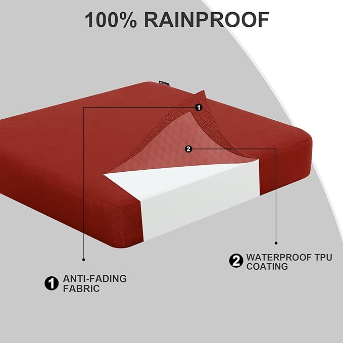 Favoyard Outdoor Chair Cushion 24 x 24 x 4 Inch Rainproof & 3-Year Fade Resistant Patio Furniture Cushions with Removable Cover and Adjustable Ties for Garden Sofa Couch Pads Set of 2, Red