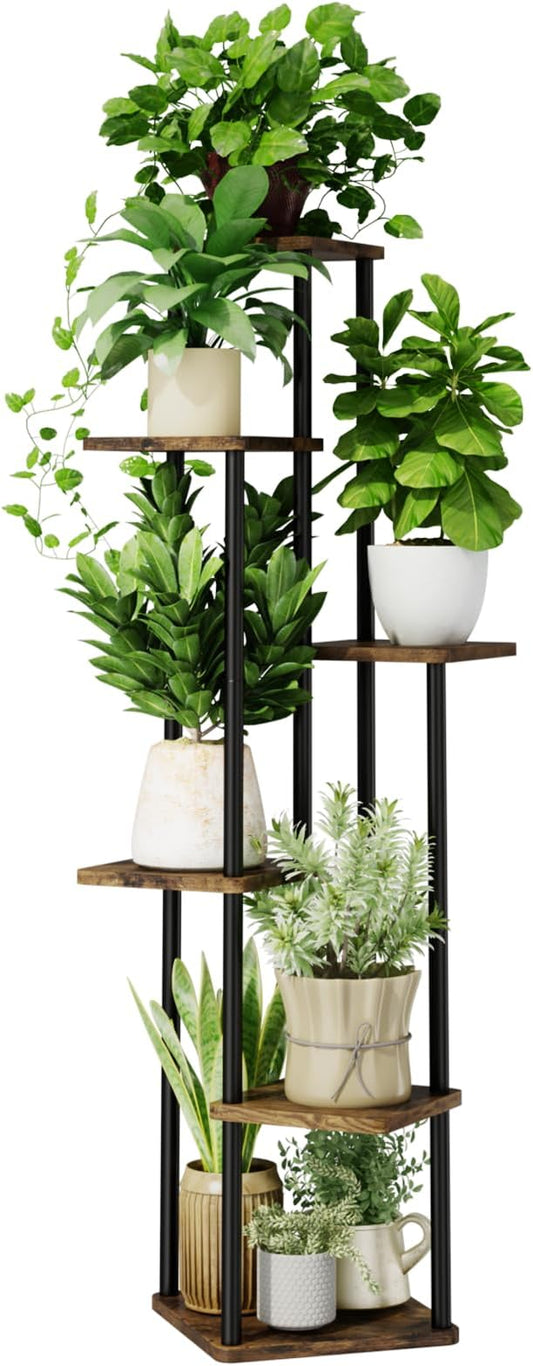6 Tiered Plant Stand Indoor Corner Plant Shelf for Multiple Plants for Patio Garden Balcony Living Room Bedroom, Tall Metal Flower Pots Stand Relaxing for Women Gift Brown Oak
