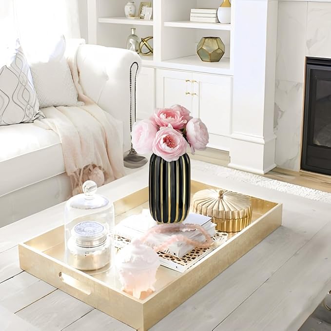 Briful Gold Plated Lantern Ceramic Vase Home Decor Creative Design Porcelain Decorative Flower Vase 8.66'' Black Ceramic Vases for Wedding Anniversary Decoration