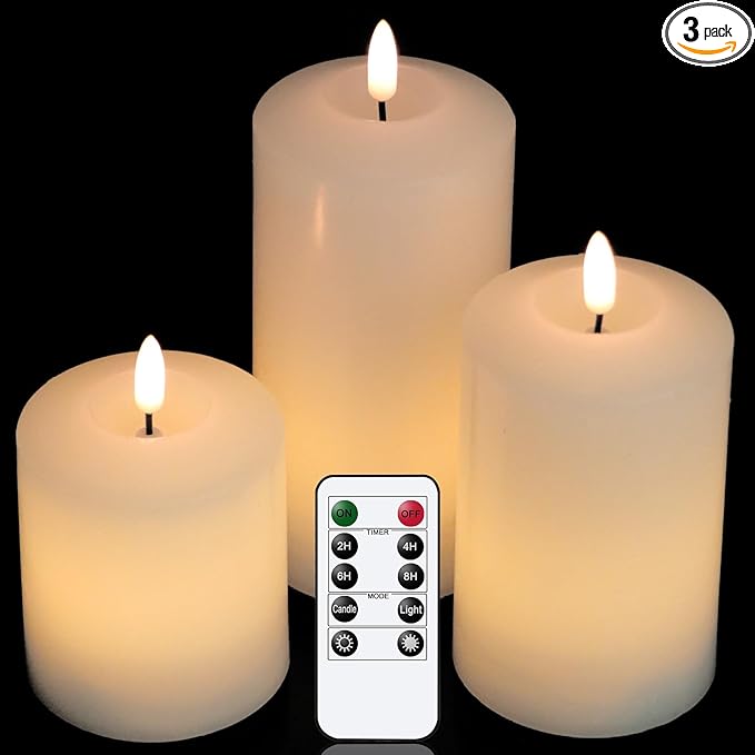 Battery Operated Flameless Candles with 3D Flickering Flame Wick, LED Pillar Candles with Remote Timer, Pack of 3 Real Wax Candles for Wedding Home Decor(White)