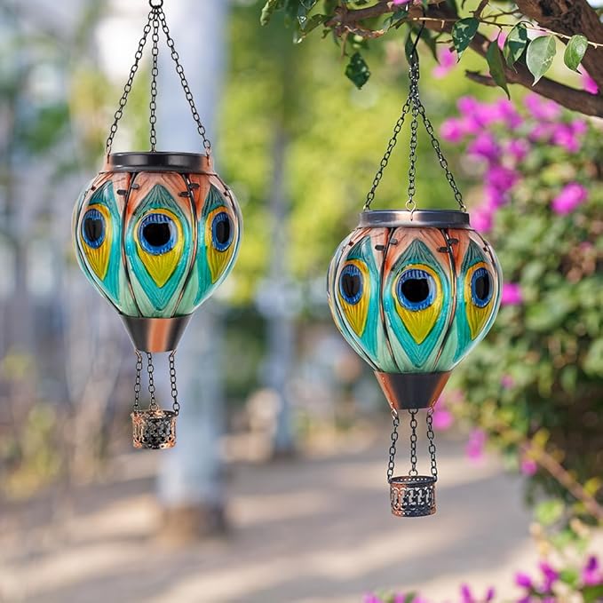Starsoul 2 PC Peacock Hot Air Balloon Solar Lantern with Flame Glass Outdoor Hanging Hot Air Balloon Solar Light Waterproof Garden Patio Yard Party Decorations