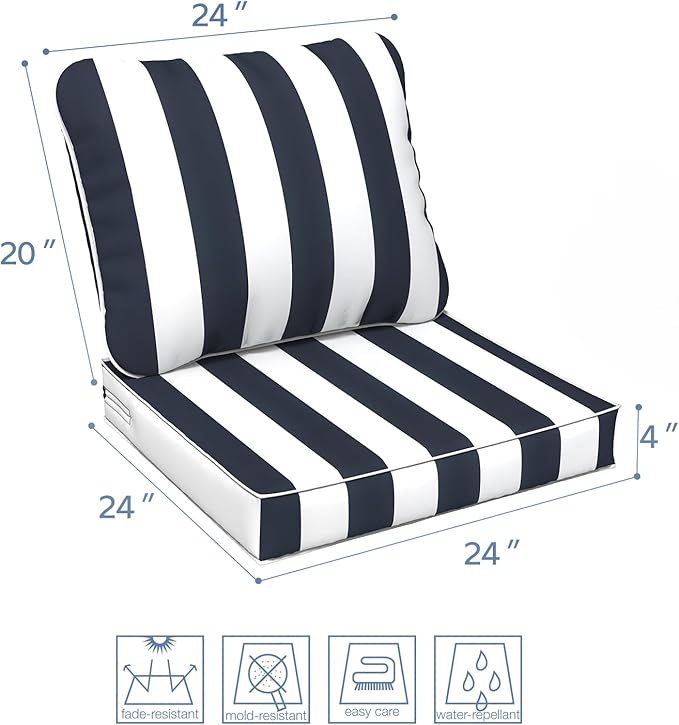 LVTXIII Outdoor/Indoor Deep Seat Cushion Patio Seat and Back Cushion Set All-Weather Replacement Chair Cushion for Garden Furniture Decoration, 24"x24"x4", Cabana Navy