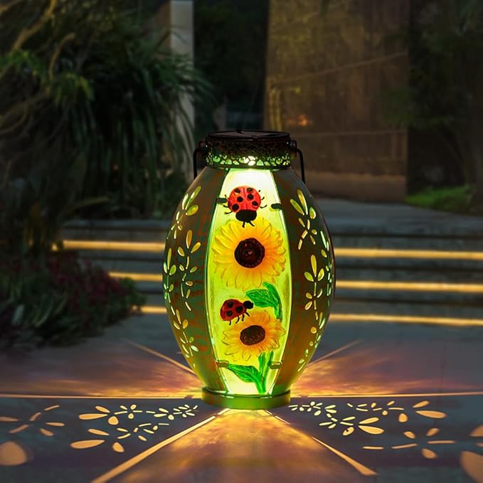 Sunflower Solar Lanterns Outdoor Waterproof,Hanging Solar Lantern,Sunflower Lanterns Decorative Outdoor,Glass & Metal Solar Lights for Tabletop Patio Porch Decor