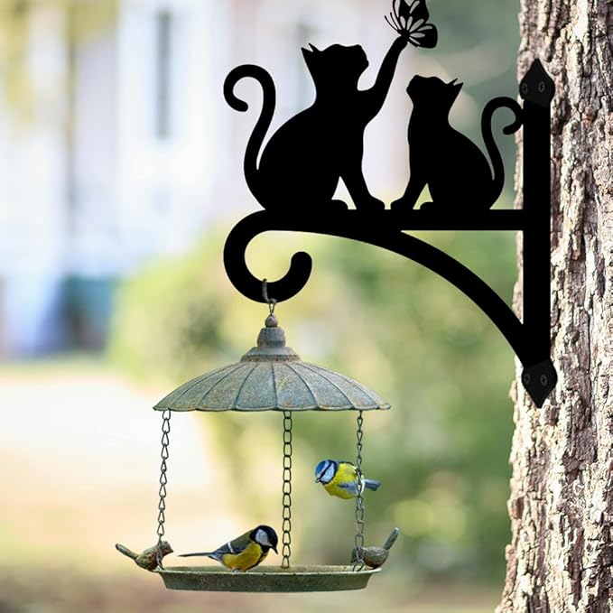 Peacoblue Iron Plant Hangers Hooks for Outdoor Indoor Hanging Plants Fern Pots, Lantern, Bird Feeder, Wind Chimes, 12”x14” Cat Weather Resistant Metal Wall Brackets Holder for Porch, Garden, Home(Cat)