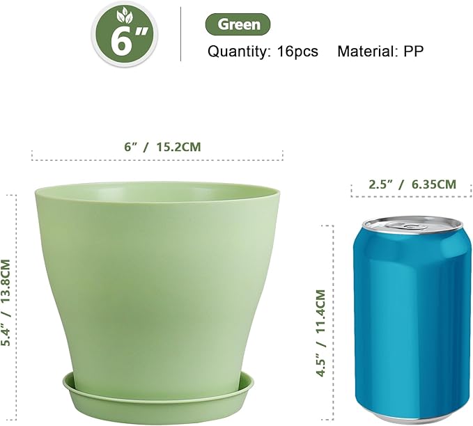 6 inch Plastic Nursery Pots, Seedling Pots, 16 Pack Plant Pots for Small Indoor Outdoor Plants, Flower Pots with Drainage Holes and Saucers, Decorative Planters for House Plants, Green