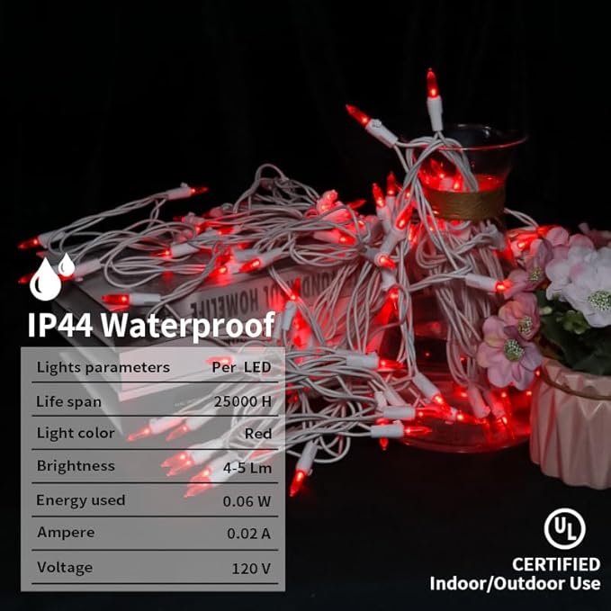 Red Christmas LED Lights - 2 Pack 100 Count Red Christmas String Lights for Tree, Bedroom, Wedding, Indoor/Outdoor Valentines Day Decorations, 2 Sets 33 Feet White Wire, UL Certified, Connectable