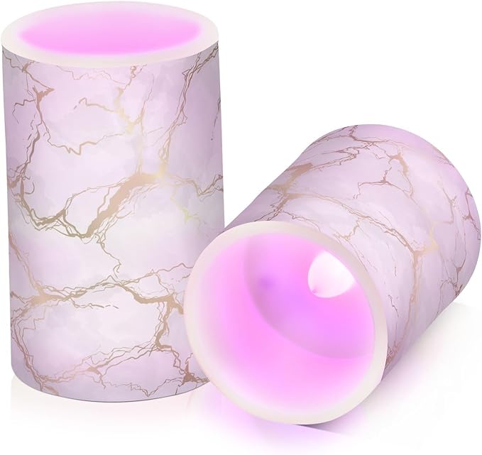 Flickering Flameless Candles, Marble Gray White Golden Texture LED Candles with Remote Timer, Set of 2 Battery Operated Candle for Valentine Wedding Birthday
