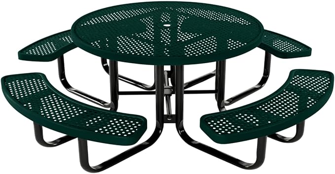 Heavy-Duty Portable Outdoor Kids Table with Umbrella Hole, Punched Steel Kids Picnic Table, Commercial-Grade, Made in America (46 in, Round, Childrens, Textured Dark Green)