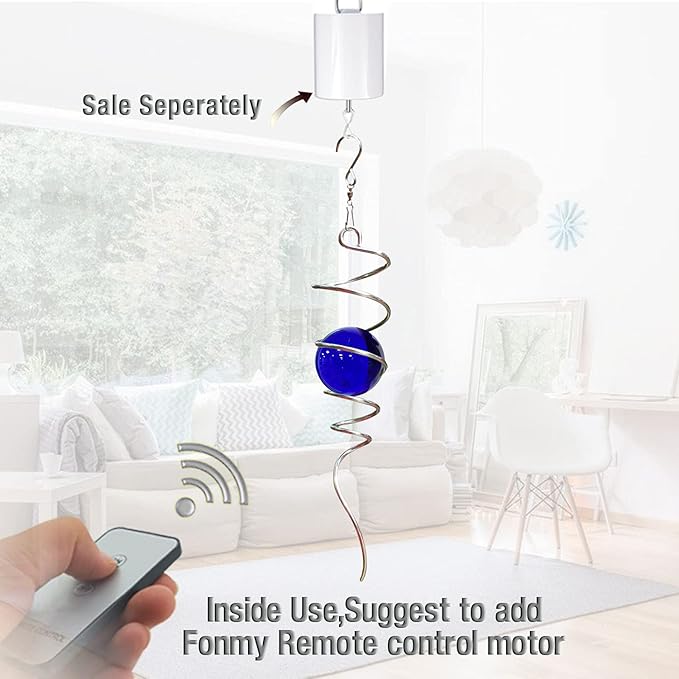 FONMY Gazing Ball Spiral Tail -Decorative Wind Spinner 11" inch Tail and 2" inch Blue Glass Orb. Indoor Outdoor Garden Decoration -13 inch Height