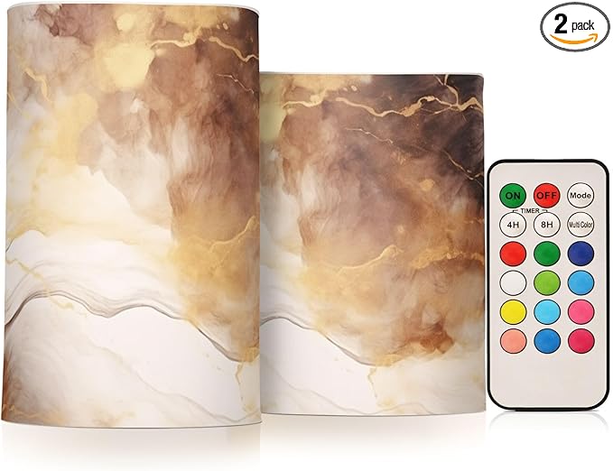 Flickering Flameless Candles, Brown White Marble LED Candles with Remote Timer, Set of 2 Battery Operated Candle for Valentine Wedding Birthday