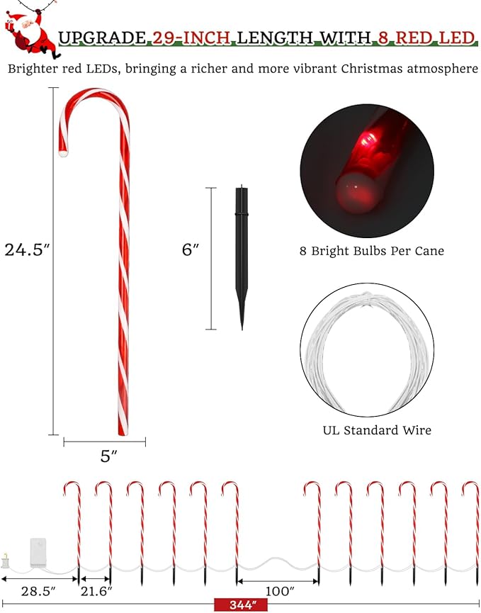 Luditek 24.5 inch Christmas Candy Cane Pathway Markers Set of 12 Christmas Outdoor Outside Decorations Lights 8 Blinking Modes Indoor Holiday Xmas Yard Patio Garden Walkway Decor