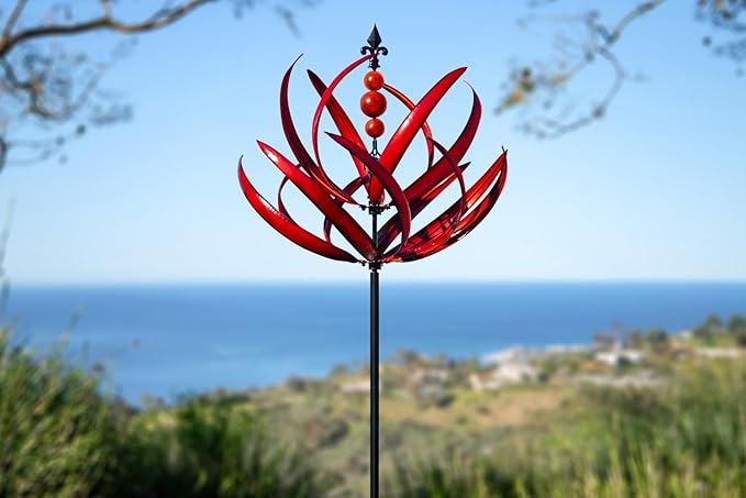 LimeHill Wind Spinner for Garden and Yard - Large Metal Kinetic Wind Sculptures for Outdoor Decor (91 Inches, Burgundy Lotus)